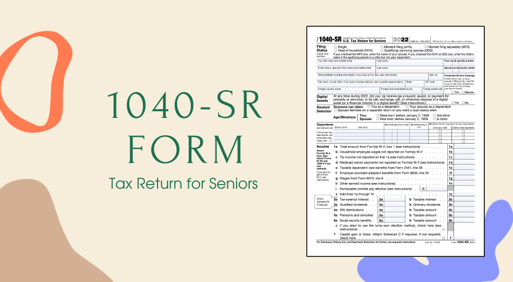 The first page of the 1040-SR form for print and the image of the woman